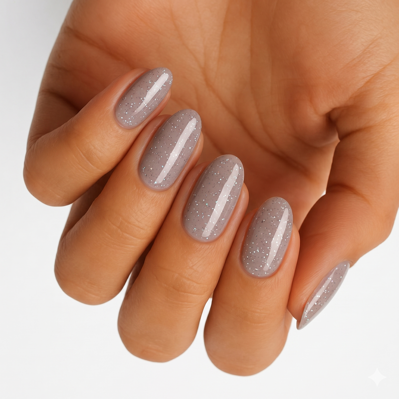 Taupe grey semi-cured gel nail wraps with fine silver glitter, glossy finish