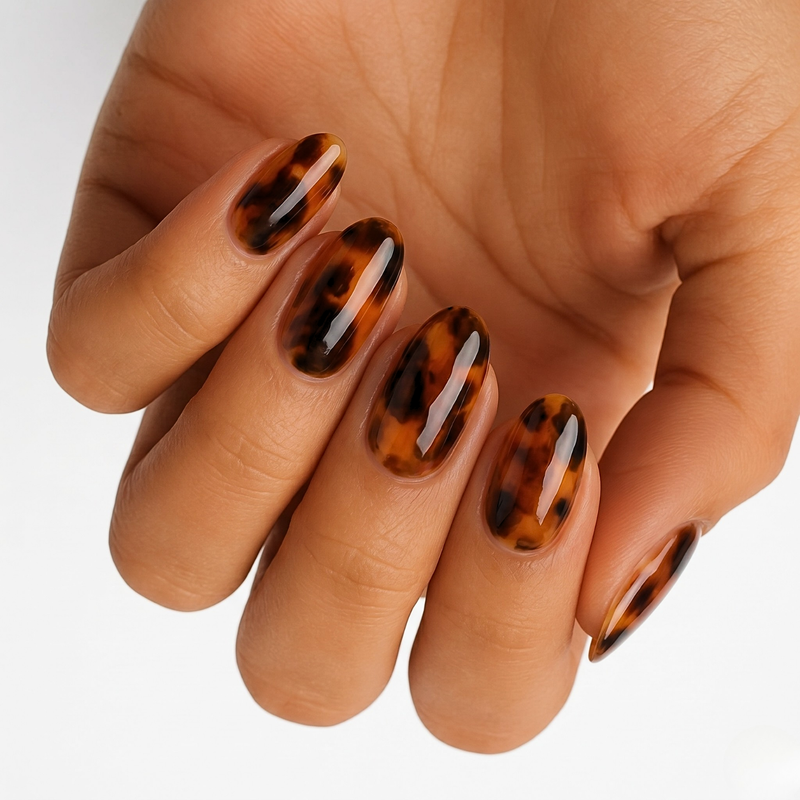 Glossy tortoiseshell nail wraps in amber and black on almond-shaped press-on nails.