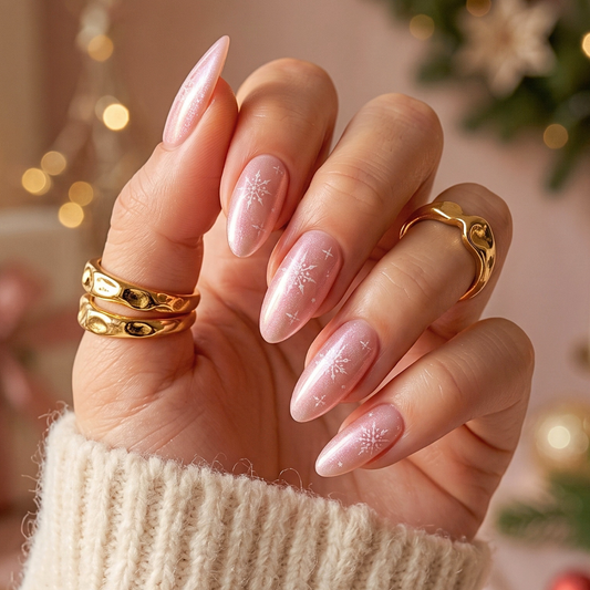Soft gel press-on nails, sheer pearl pink with shimmer and white snowflake design, almond shape