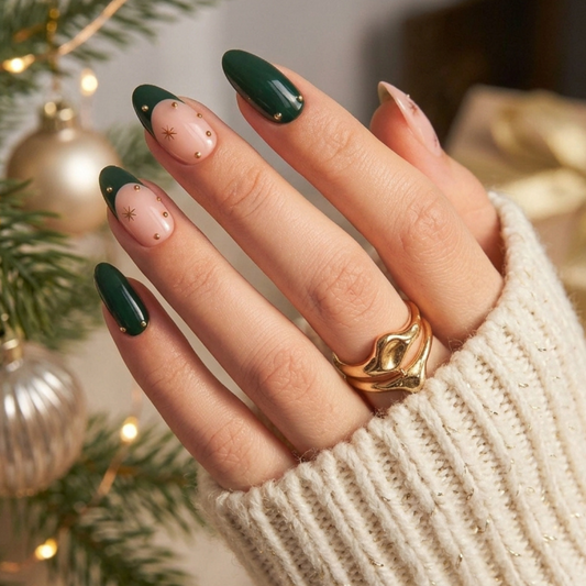 Dark green soft gel press-ons with nude accent nails, gold studs and star detail