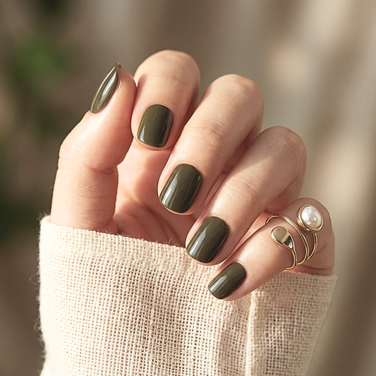 Olive green glossy soft gel press-on nails, extra short natural square shape
