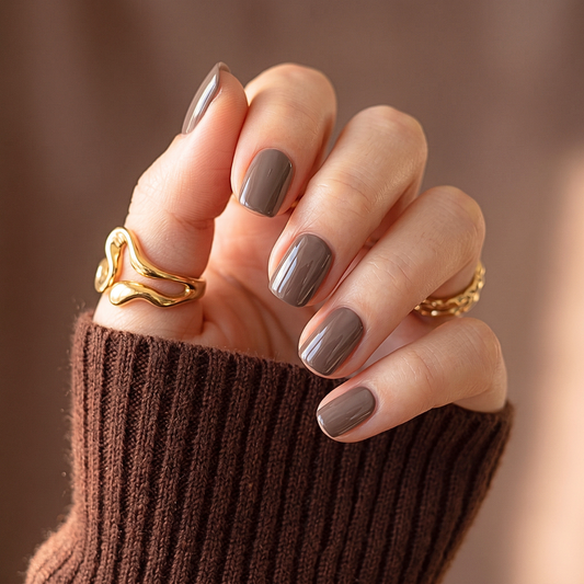 Extra short square press-on nails in glossy taupe-brown chestnut shade
