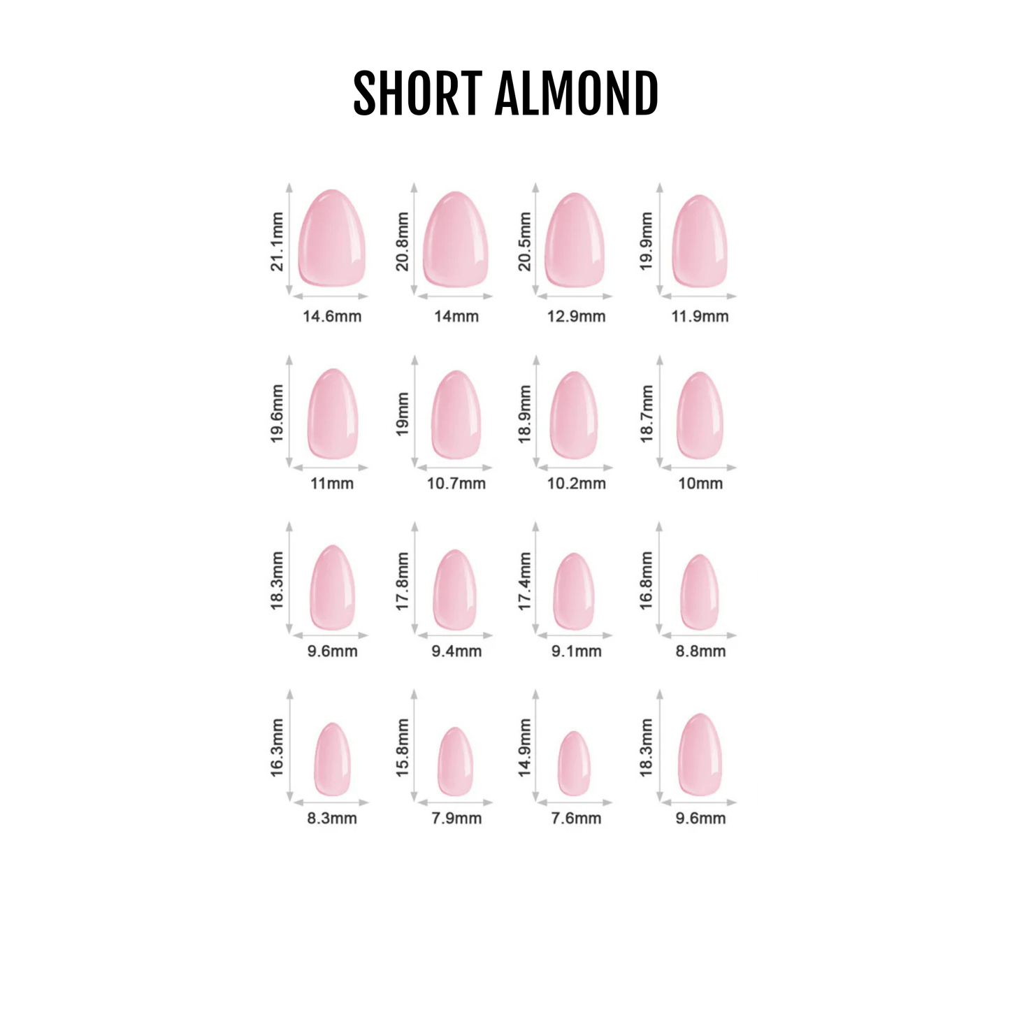 Pink soft gel press-on nails in short almond shape showing size chart with measurements