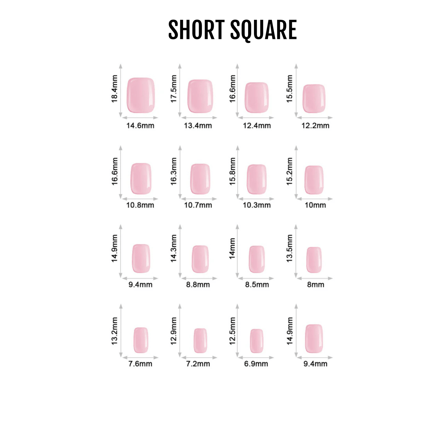 Short square press-on nail sizing chart showing 16 different sizes from 14.6mm to 6.4mm