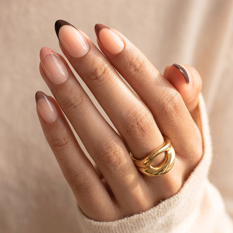 Short almond soft gel press-on nails, sheer nude with glossy brown French tips.
