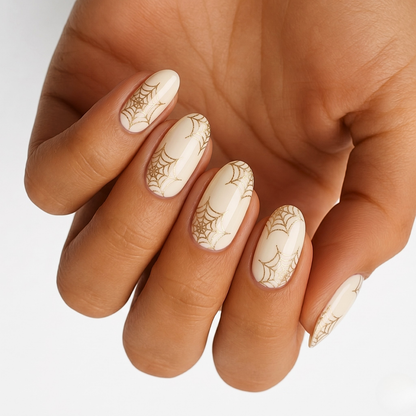 Cream semi-cured gel nail wraps with metallic gold spiderweb design, glossy finish
