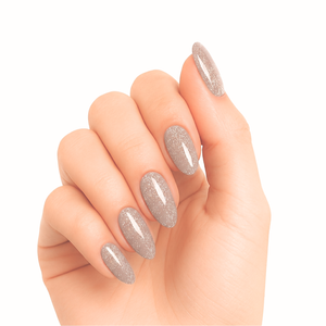 Taupe grey glitter semi-cured gel nail wraps on glossy almond-shaped nails