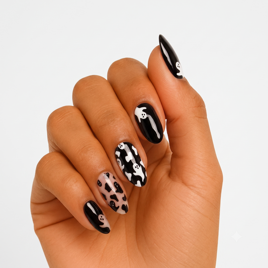Glossy black press-on nails with white ghost print and nude cow-spot accent nail, Halloween design.
