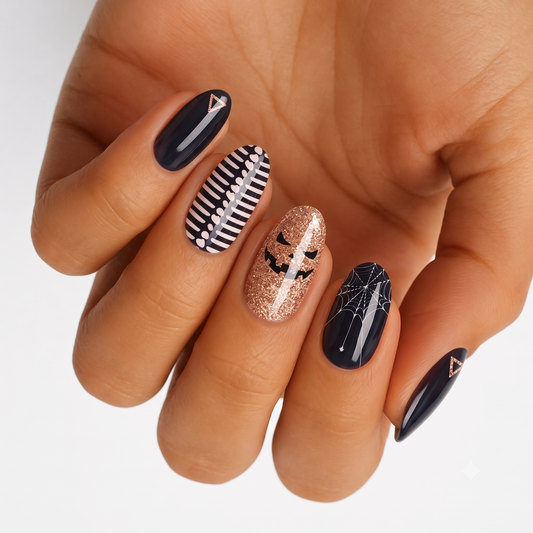 Black semi-cured gel nail wraps with Halloween spiderweb, jack-o-lantern glitter, and stripe accents