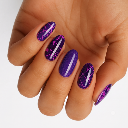 Purple shimmer semi-cured gel nail wraps with magenta geometric lines and splatter accents