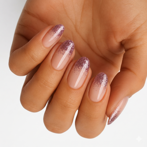 Nude nails with pink glitter ombre tips, glossy semi-cured gel wrap design.