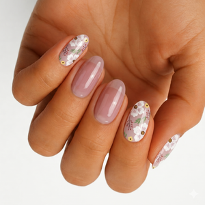 Sheer nude nail wraps with white floral accent nails and gold dot details