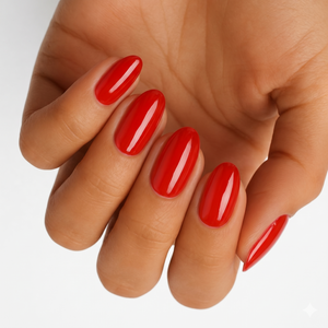 Glossy classic red semi-cured gel nail wraps on almond-shaped nails