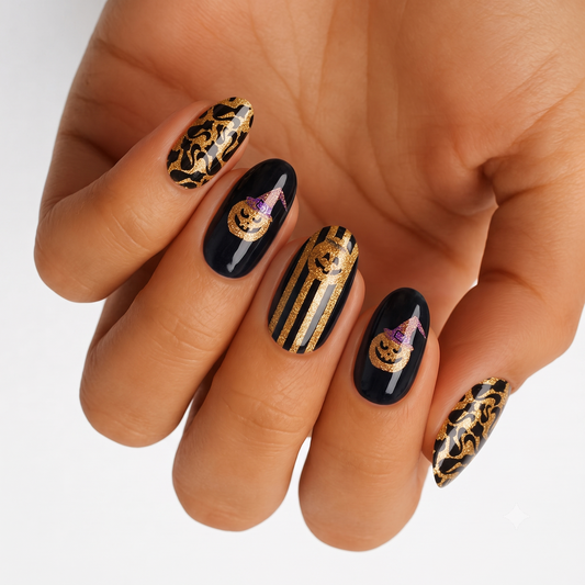 Black nail wraps with gold glitter flames, stripes, and witch pumpkin Halloween design