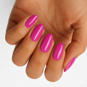 Glossy magenta pink nail wraps in a solid colour on almond-shaped nails