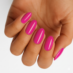 Glossy magenta-pink nail wraps in a solid jelly-toned finish on almond-shaped nails