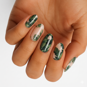 Semi-cured gel nail wraps with green tropical palm leaf print on sheer nude base