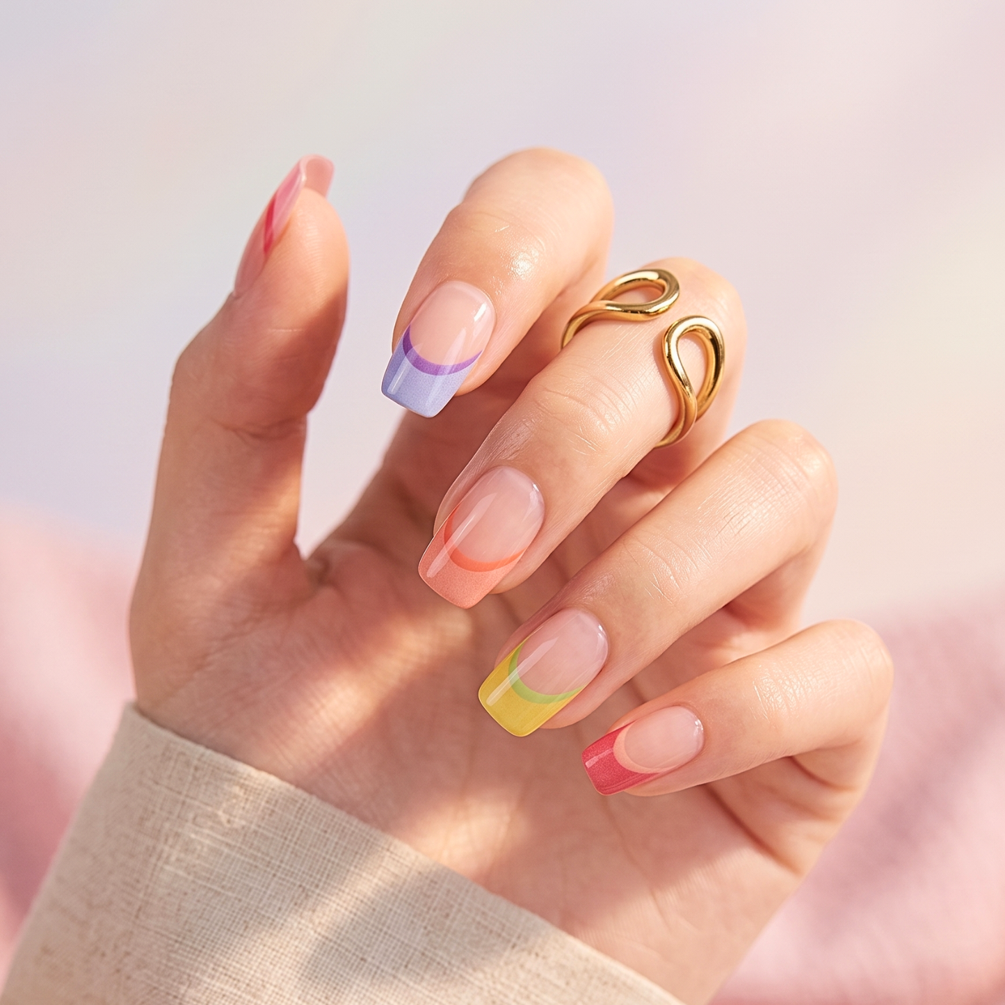Semi-cured gel nail wraps with sheer nude base and multicolor rainbow French tips, glossy finish.