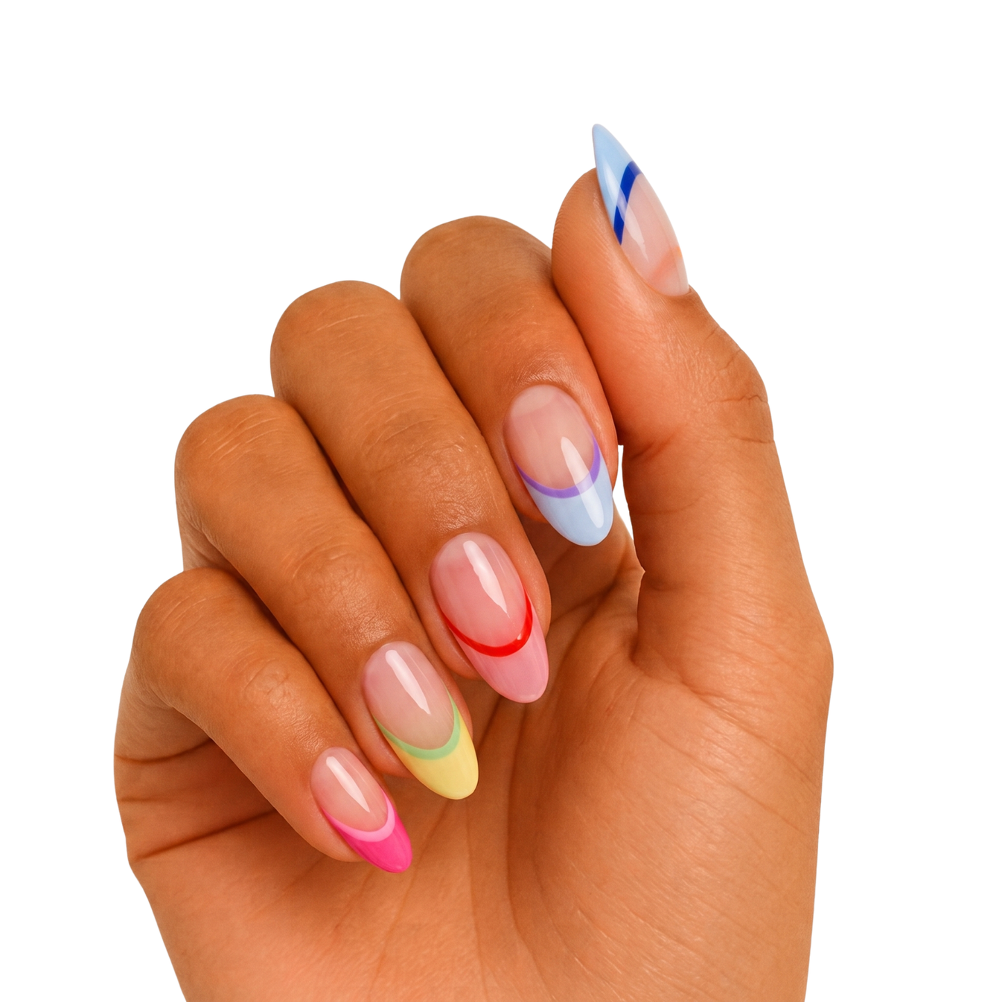 Semi-cured gel nail wraps with sheer nude base and colourful pastel French tip design