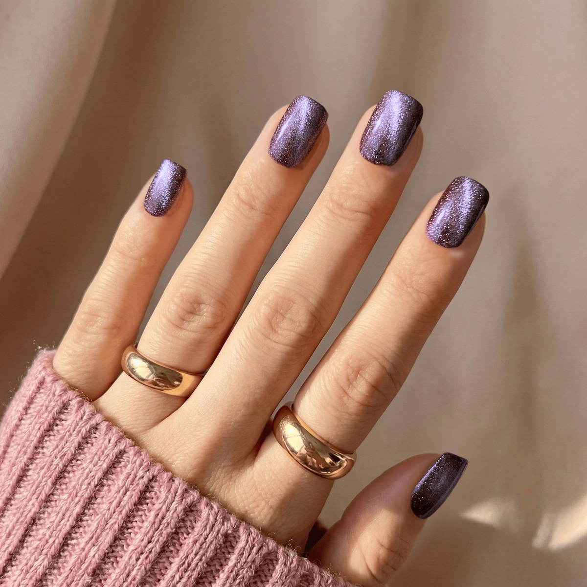 Shimmery lavender-purple semi-cured gel nail wraps on short square nails