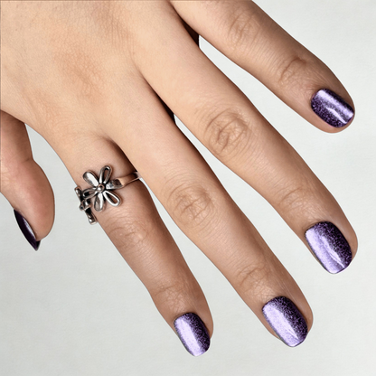 Purple metallic chrome semi-cured gel nail wraps on short round nails