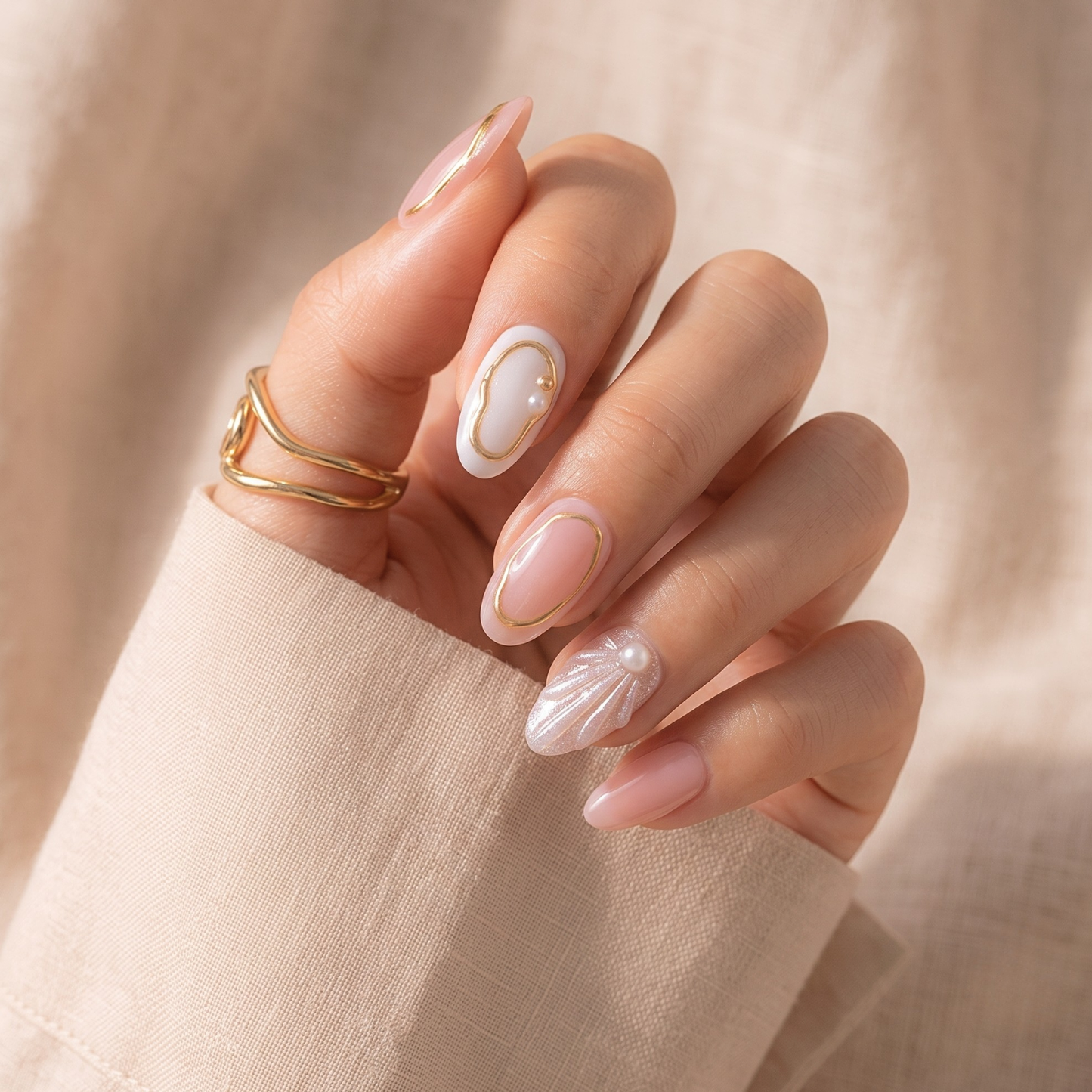 Nude press-on nails with gold outline, white swirl, and pearl shell accents