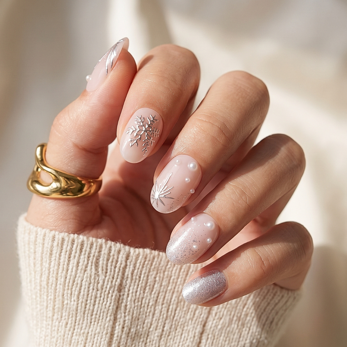 Nude press-on nails with silver snowflake art, glitter accent, and pearl details