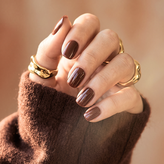 Glossy chocolate brown soft gel press-on nails, extra short natural shape with high-shine finish