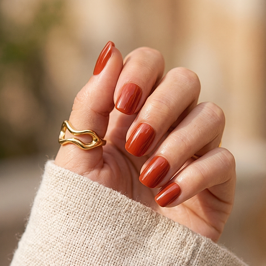 Rust orange glossy soft gel press-on nails, extra short natural squoval shape