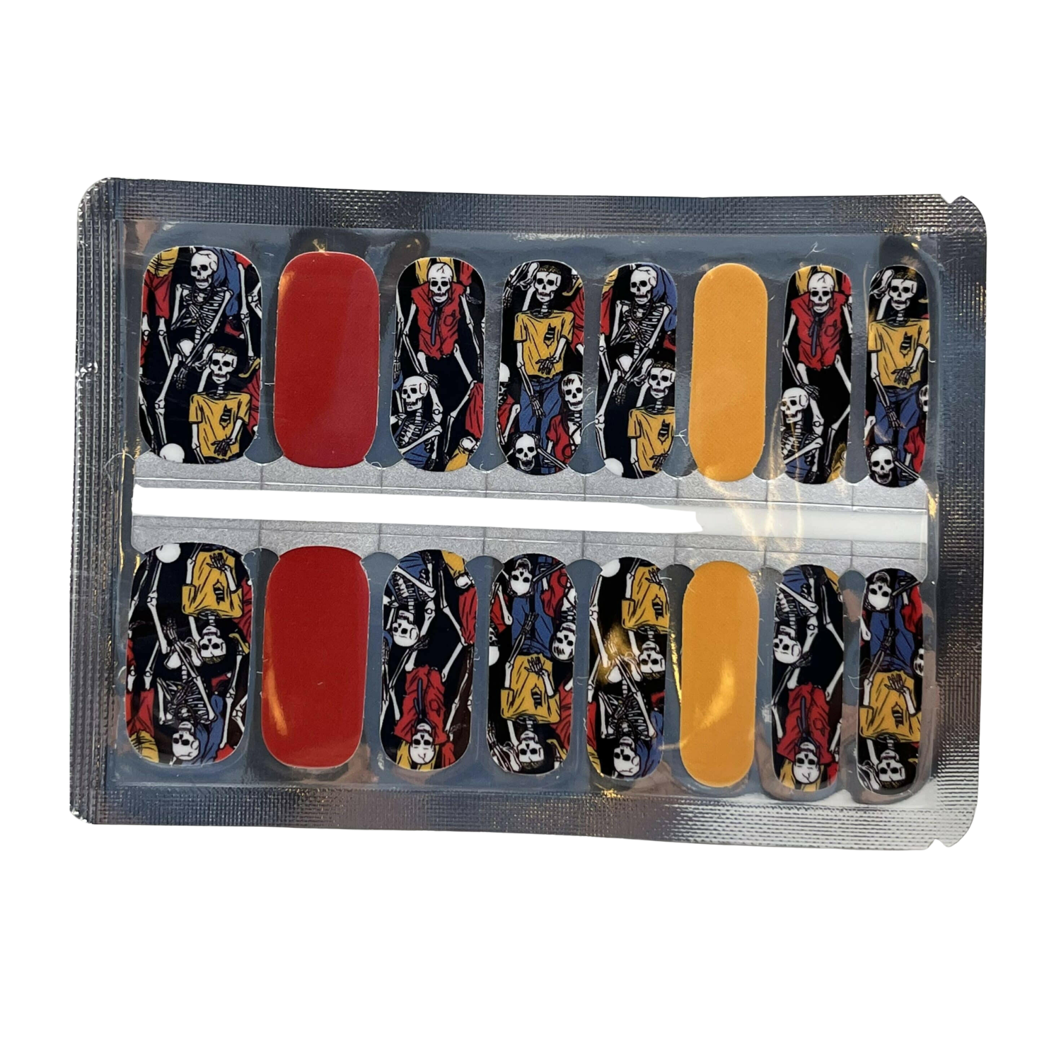 Semi-cured gel nail wraps with skeleton print, solid red and mustard yellow accents