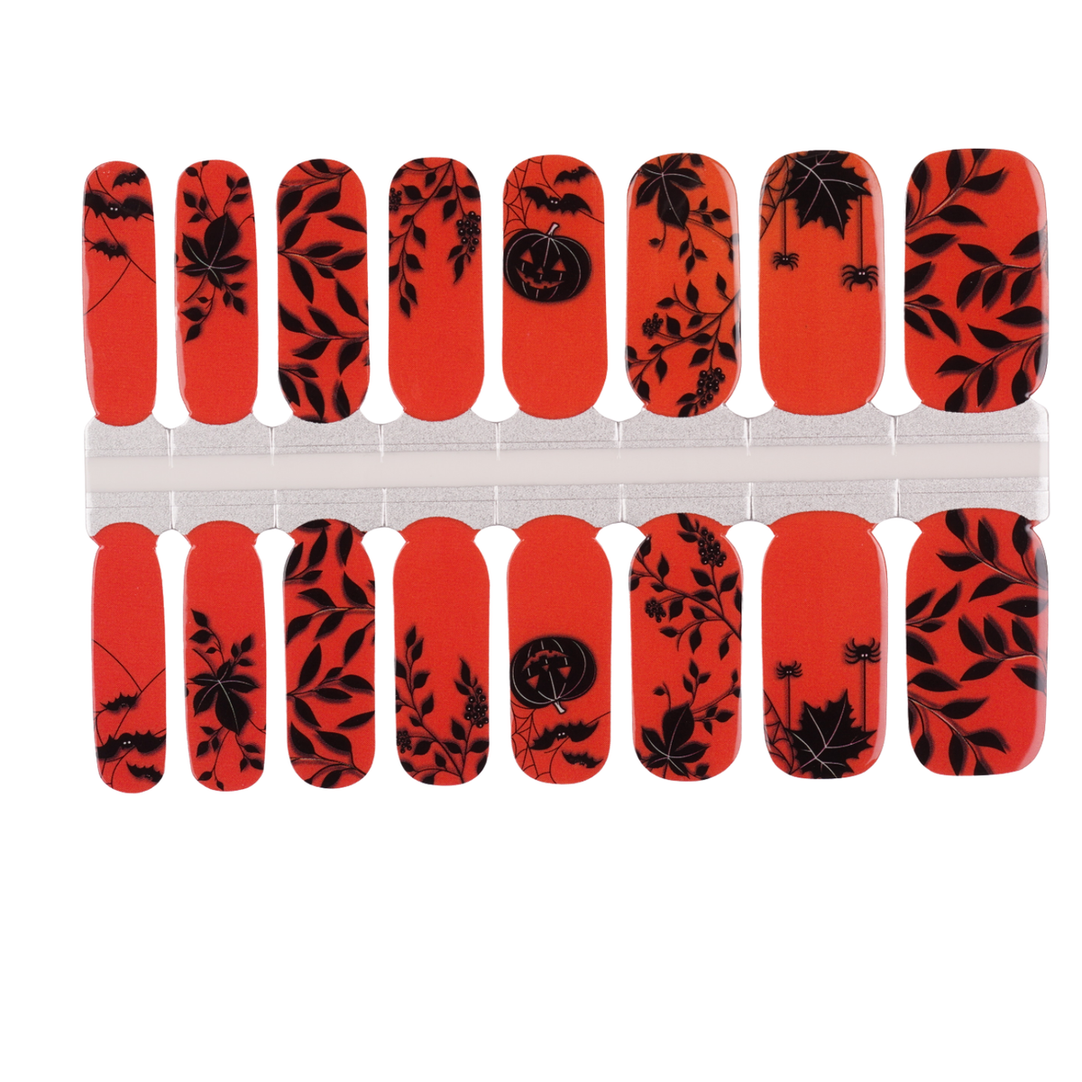 Orange nail wraps with black Halloween motifs: bats, spiders, pumpkins, leaves, and webs.