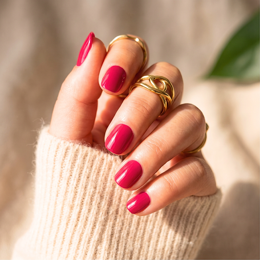 Glossy magenta-pink semi-cured gel nail wraps on short round nails, solid color.