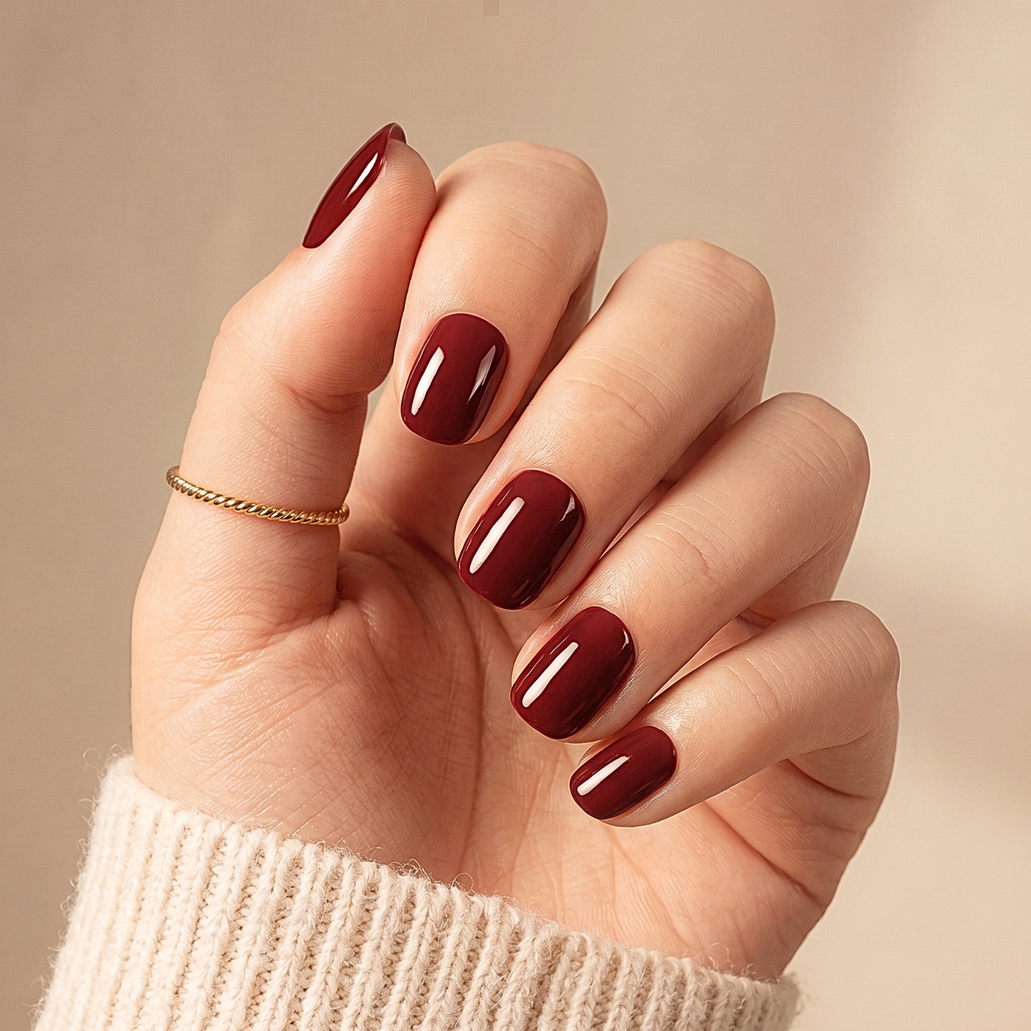 Deep burgundy glossy semi-cured gel nail wraps on short round nails
