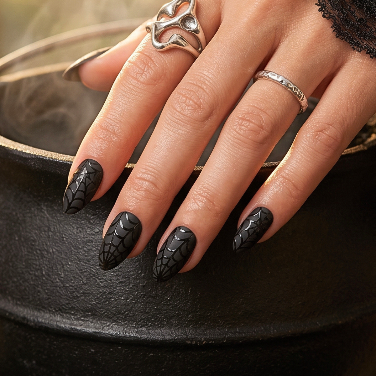 Matte black press-on nails with tonal spiderweb design, almond shape, Halloween style