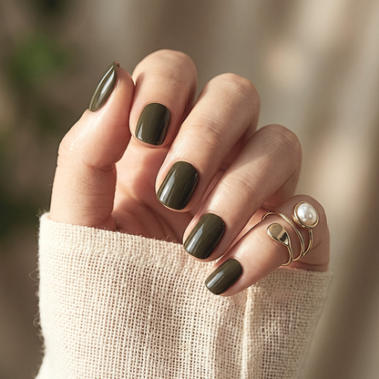 Olive green glossy soft gel press-on nails, extra short natural square shape