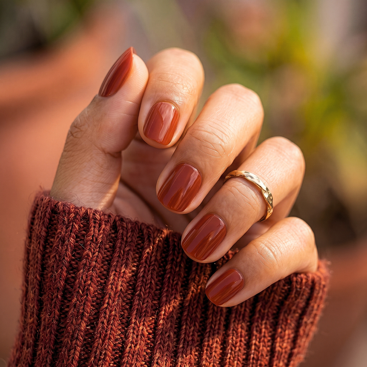 Glossy rust-brown soft gel press-on nails in a short natural rounded shape