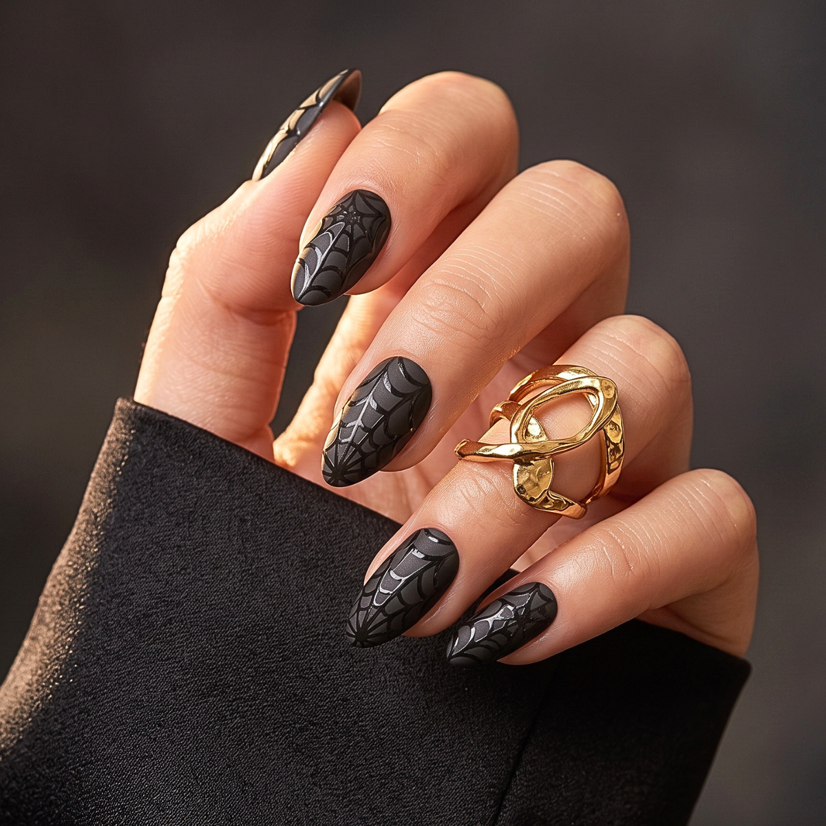 Matte black press-on nails with grey spiderweb design, almond shape, Halloween style