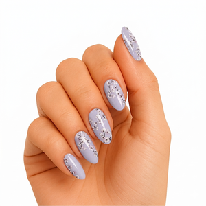 Lavender-grey glossy semi-cured gel nail wraps with white cherry blossom floral design
