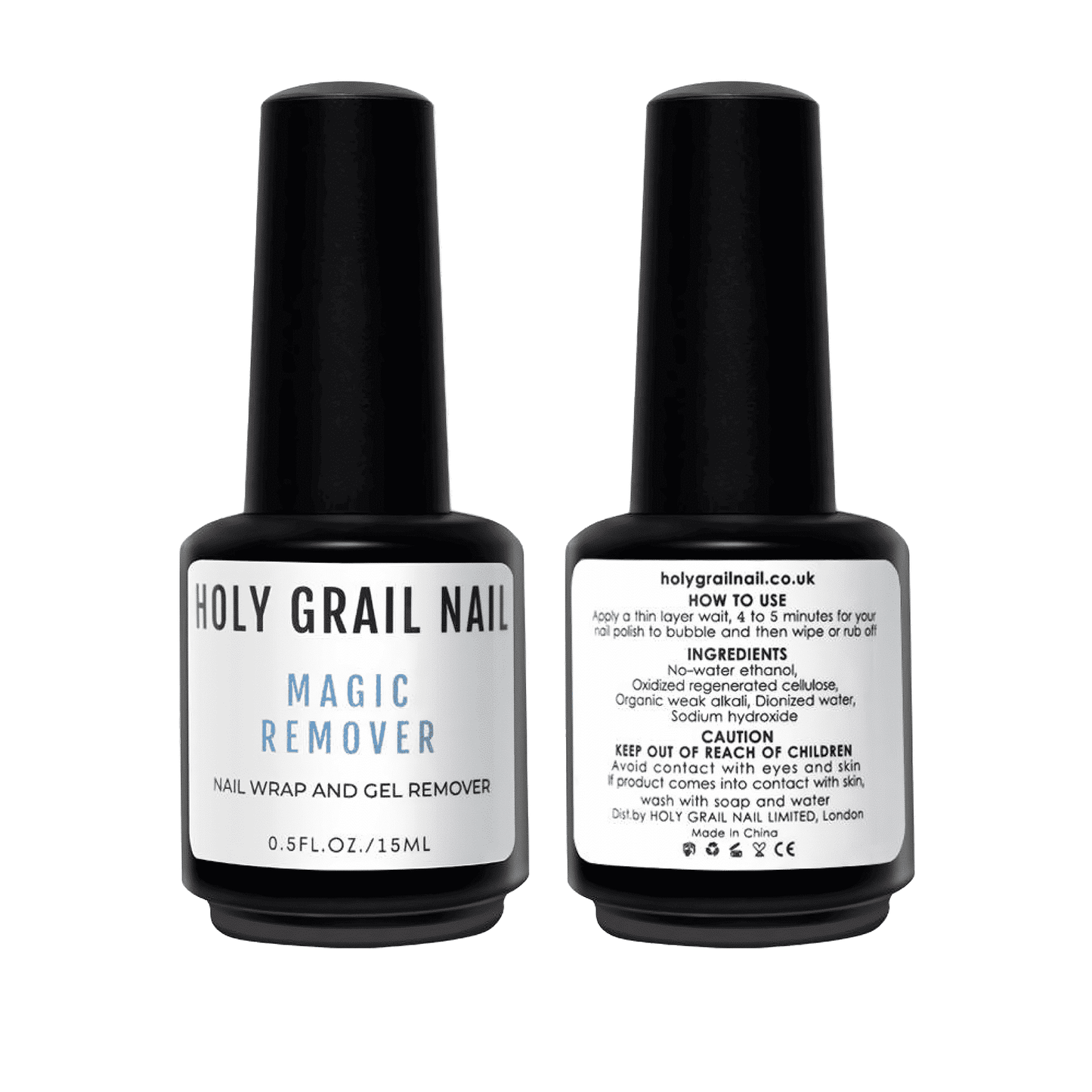 White nail wrap and gel remover bottle with black cap for at-home manicure removal