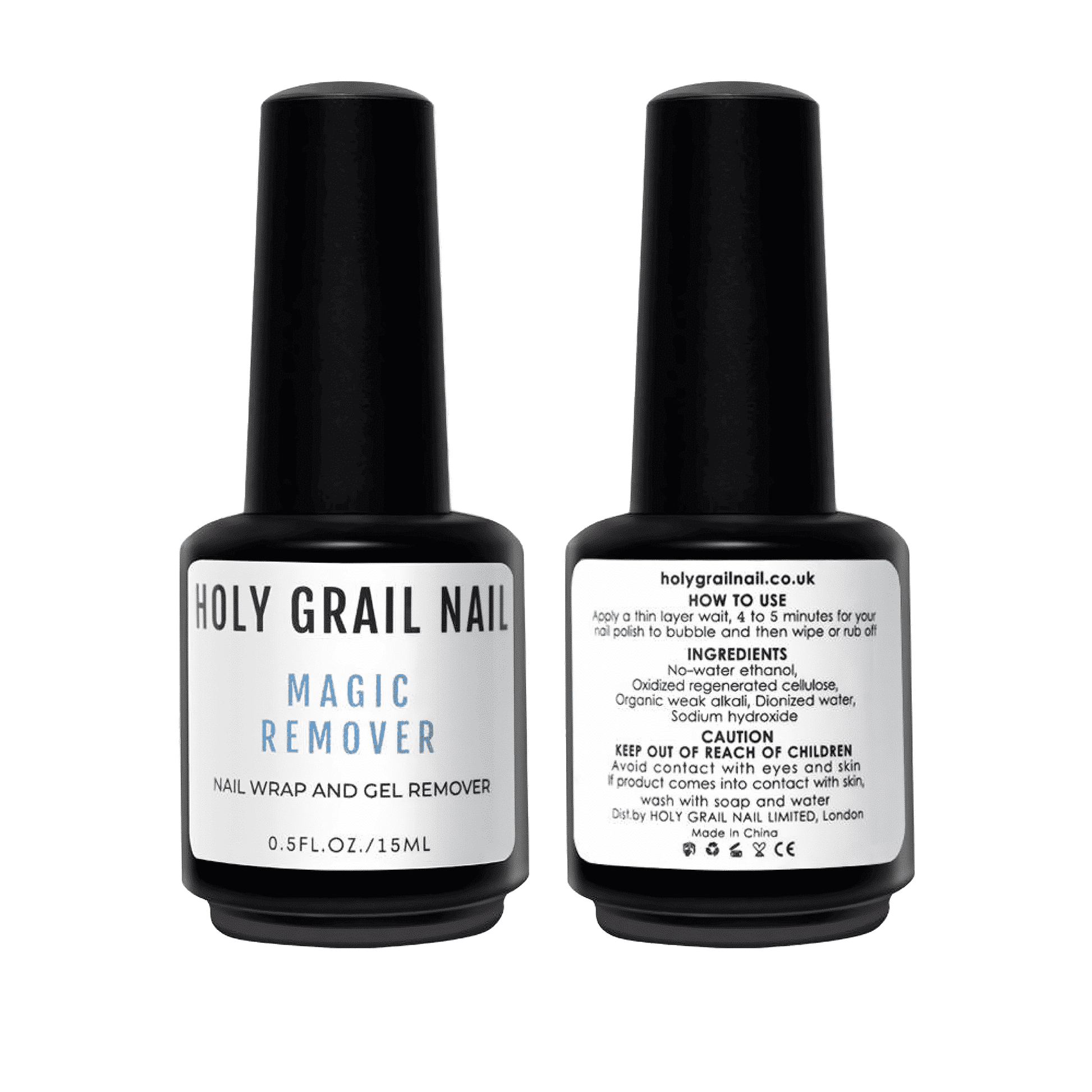 White nail wrap and gel remover bottle with black cap for at-home manicure removal