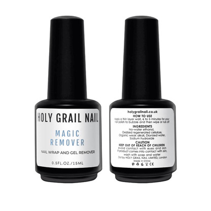 White nail wrap and gel remover bottle with black cap for at-home manicure removal