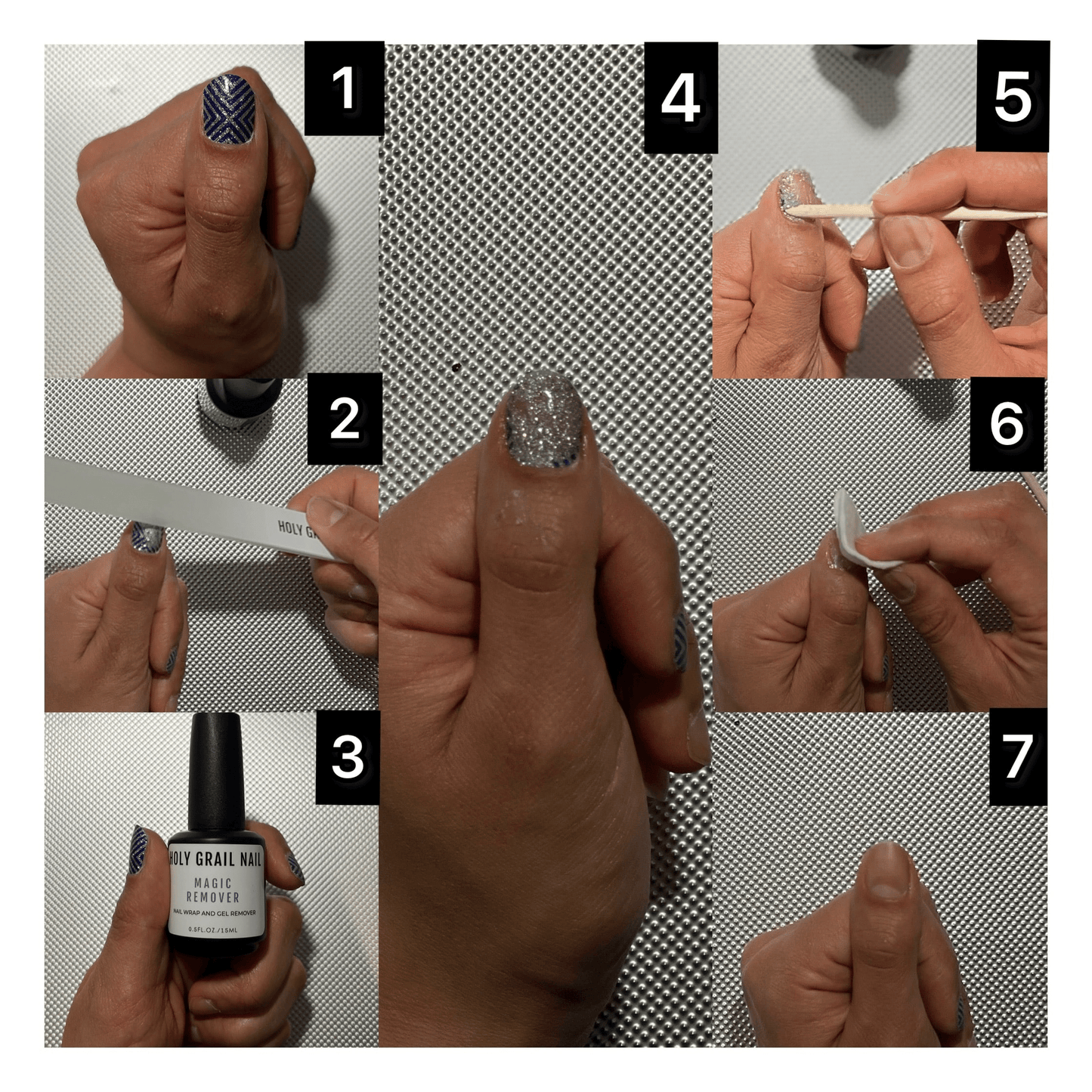 Step-by-step nail wrap removal tutorial showing hands using gel nail remover and cuticle stick
