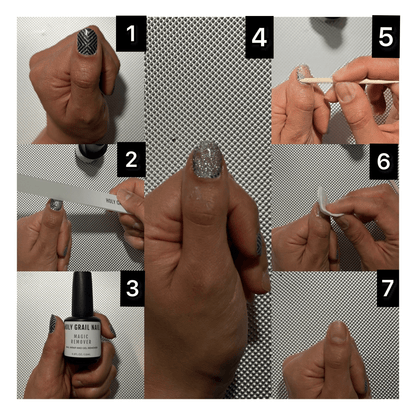 Step-by-step nail wrap removal tutorial showing hands using gel nail remover and cuticle stick