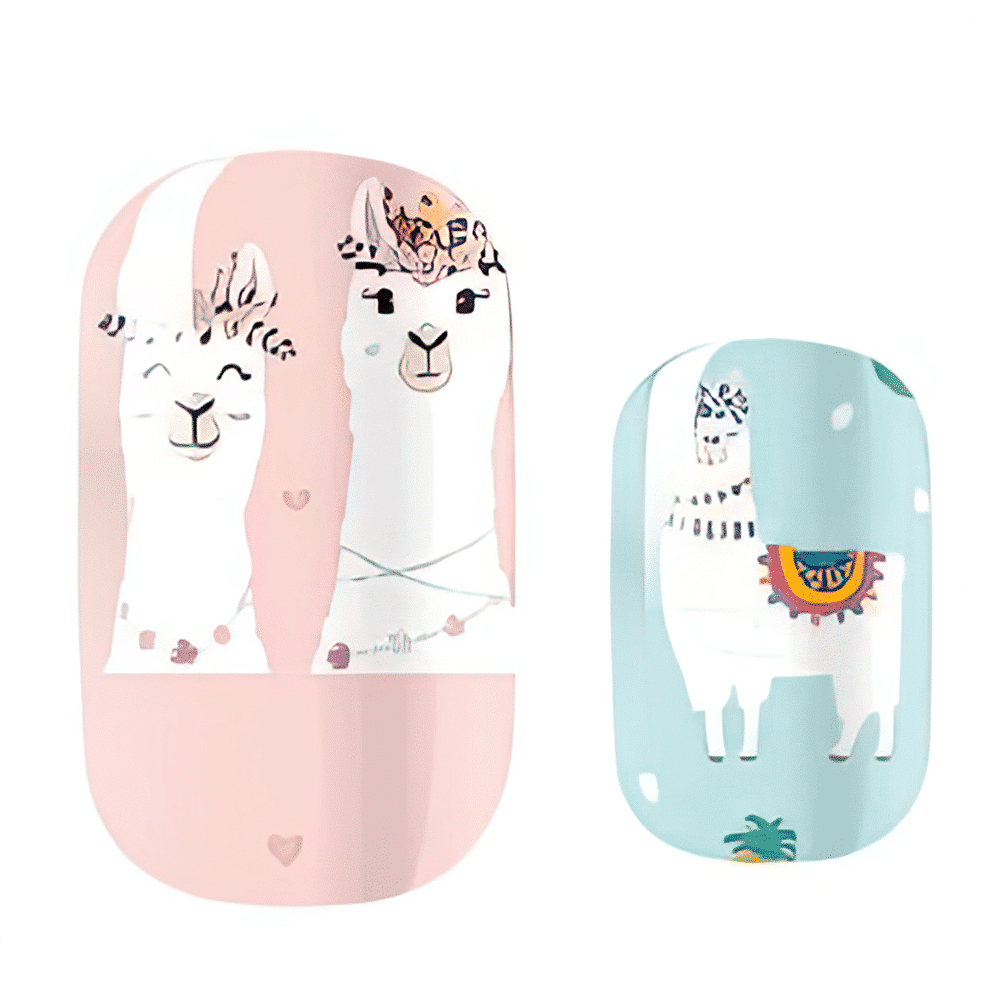 Kids nail wraps featuring cute llama designs in pink and mint green colours