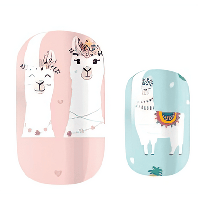 Kids nail wraps featuring cute llama designs in pink and mint green colours