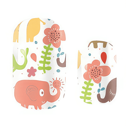 Colourful kids nail wraps with cute elephant and flower pattern for children's manicures