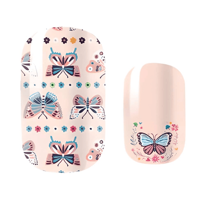Pink butterfly nail wraps with colourful floral patterns for kids manicure