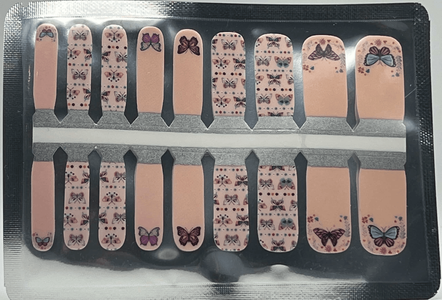 Sheet of pink butterfly kids nail wraps with various floral patterns