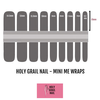 Grey size chart template showing mini me kids nail wrap measurements