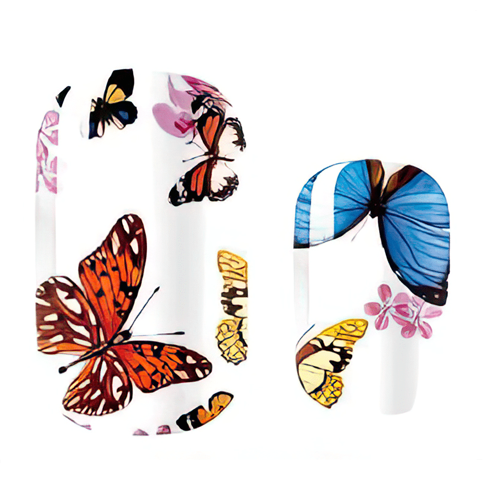 Colourful butterfly nail art wraps with blue orange pink butterflies on white background